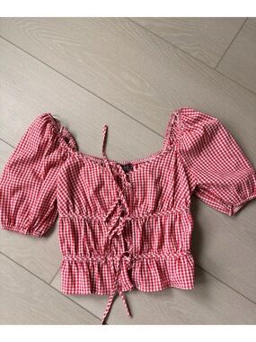 Red Gingham Puff-Sleeve Women's Top